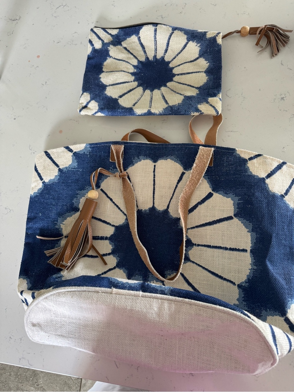 Mud Pie Blue and Cream Canvas Tote with Matching Pouch